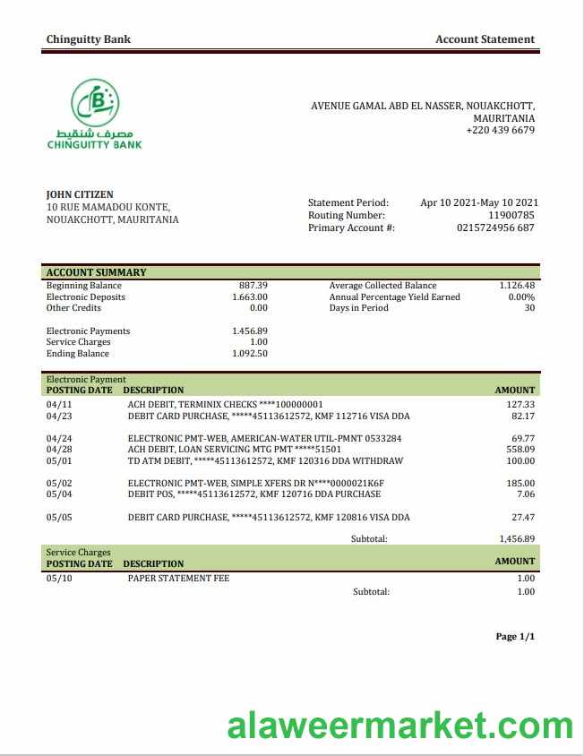 Mauritania Chinguitty Bank statement